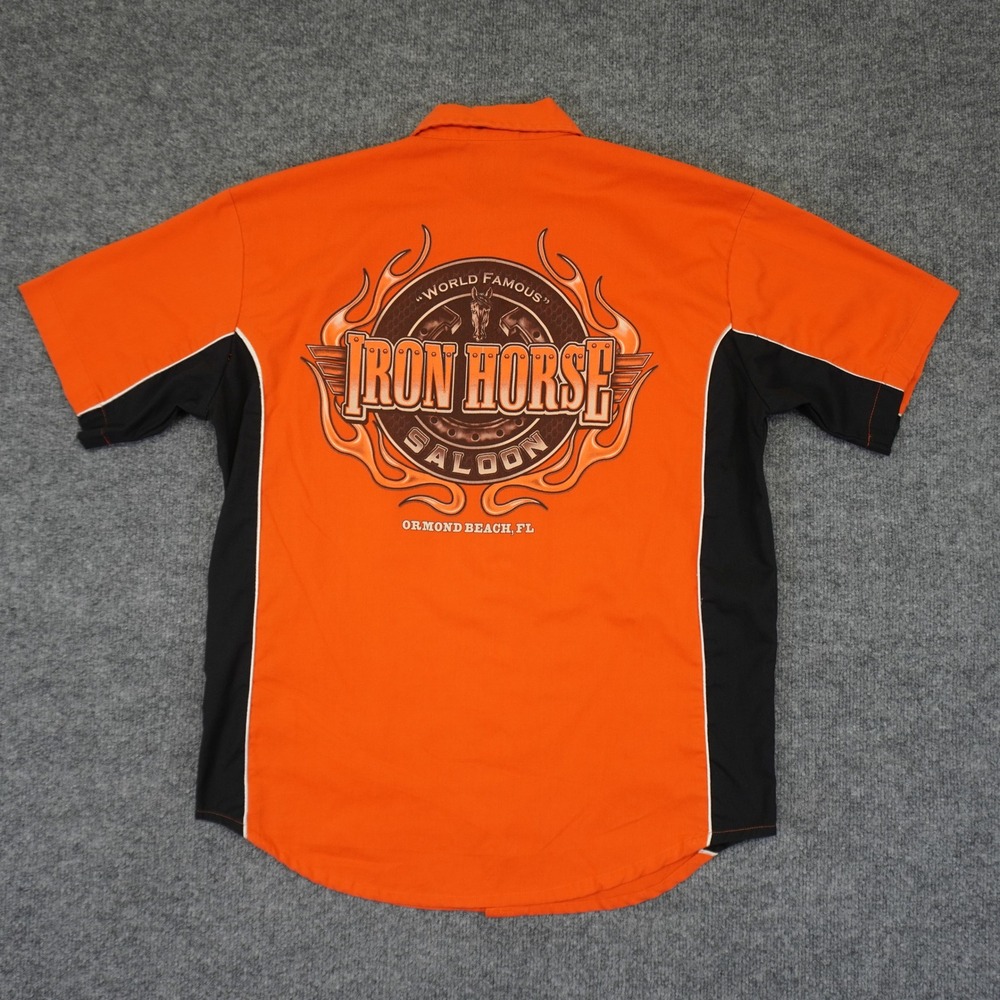 Iron Horse Saloon Biker Wear Shirt Men Large Orange Short Sleeve Button Mechanic - Picture 6 of 9
